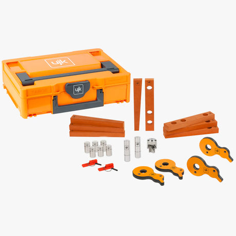 
Kit accessori cane di serraggio autobloccante UJK in custodia T-LOC Tanos arancione con 2 cani autobloccanti in acciaio inossidabile, 6 cani di riferimento da 12 mm, fresa per smusso, 2 clip di fissaggio binario arancioni, 4 morsetti a camma, cunei e fermi di riscontro in HDF Valchromat arancione